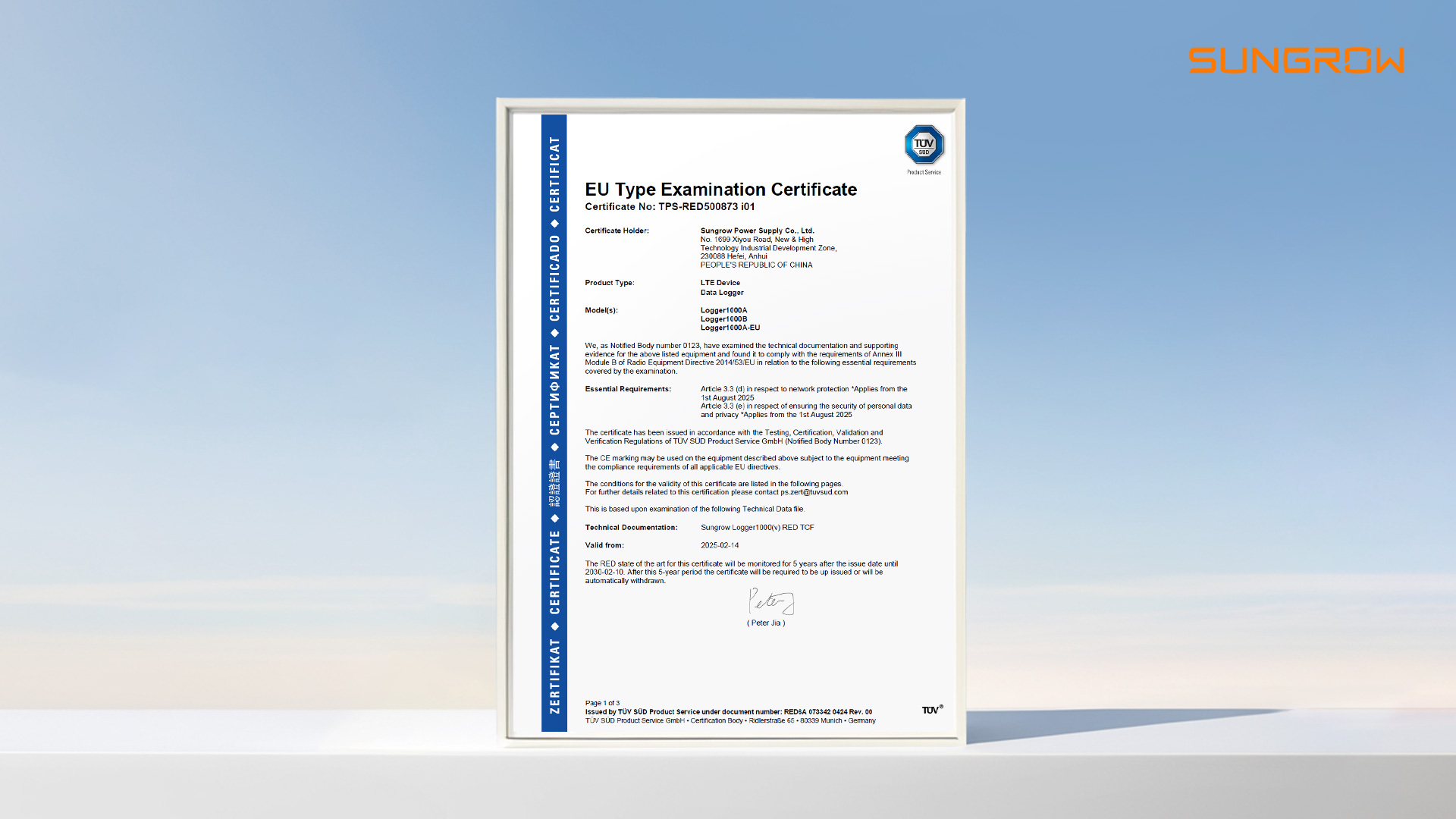 Sungrow’s Logger1000 Achieves the EN 18031 EU Cybersecurity Certification by TÜV SÜD